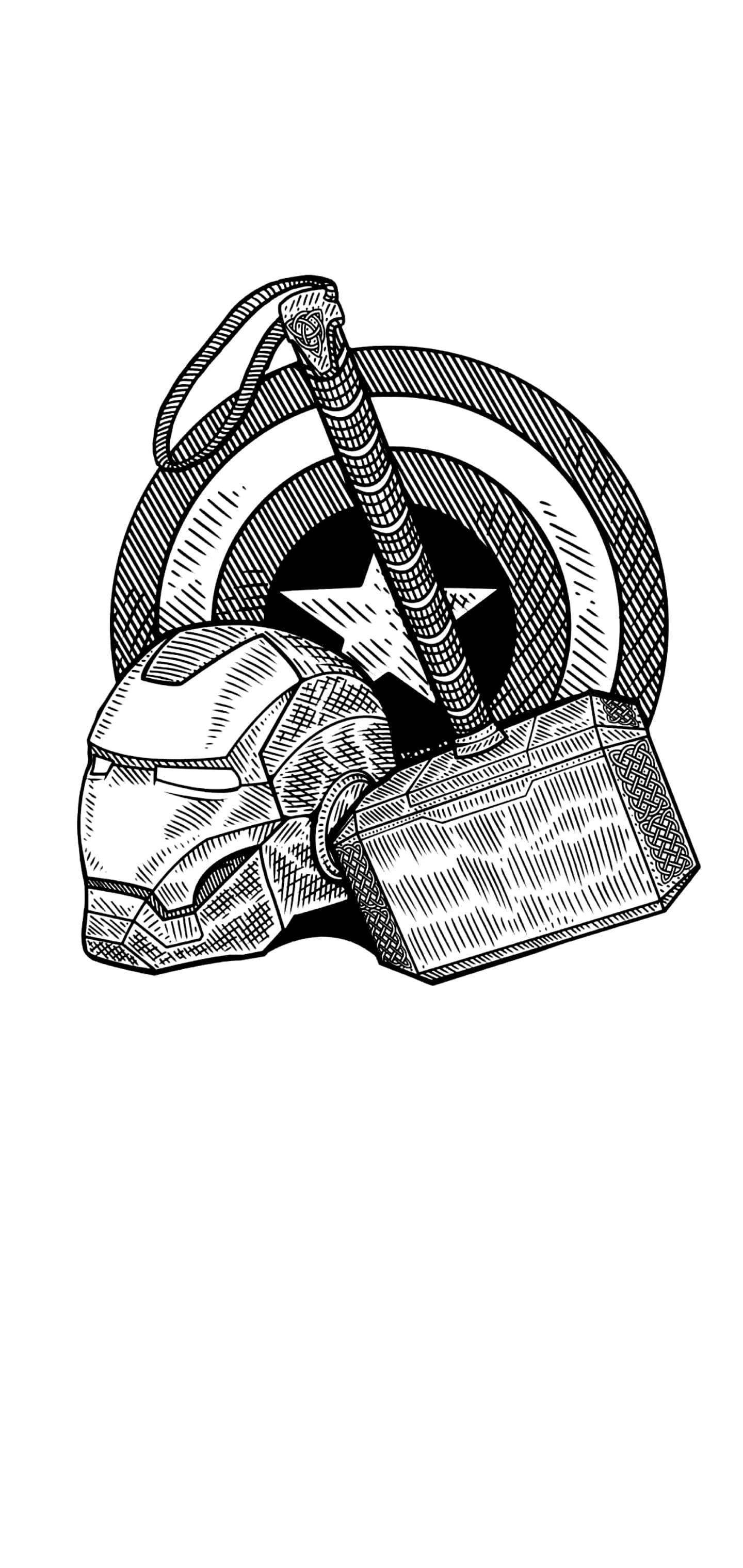 Dynamic Trio: Captain America’s Shield, Iron Man's Helmet, And Mjolnir On Iphone Wallpaper Background