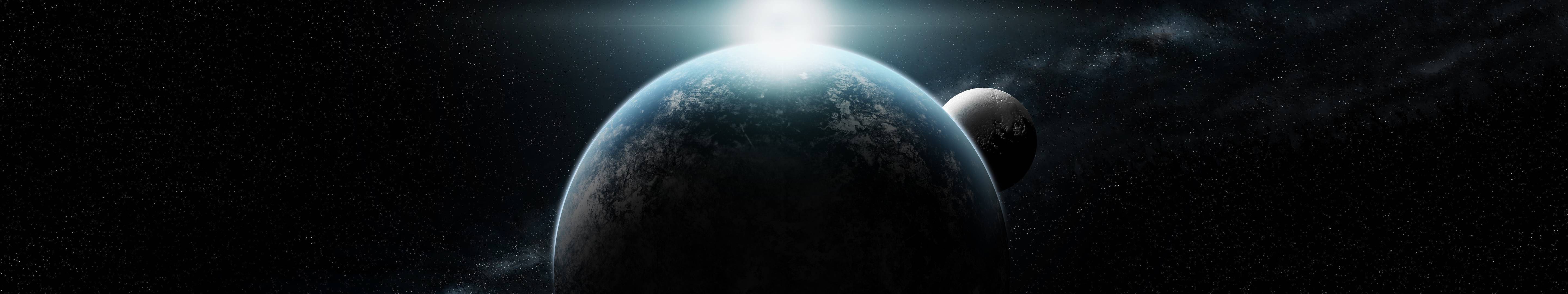 Earth And Moon In Dark Universe Background
