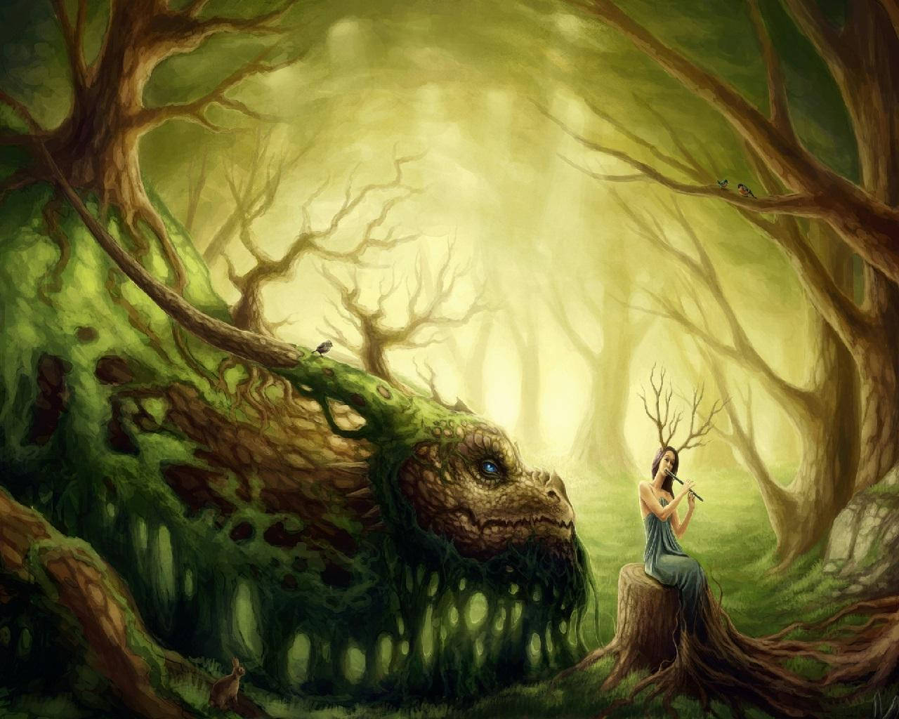 Earth Dragon Tree With Musician Fairy Background