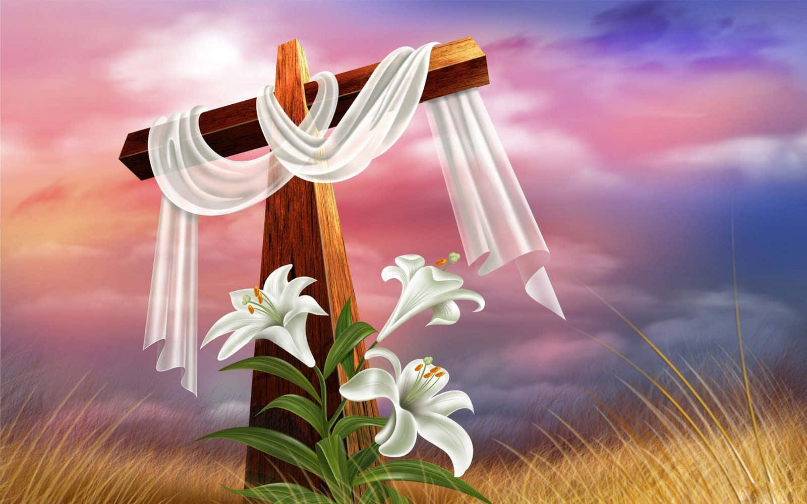 Easter Beautiful Cross With Lily Flowers Digital Art Background