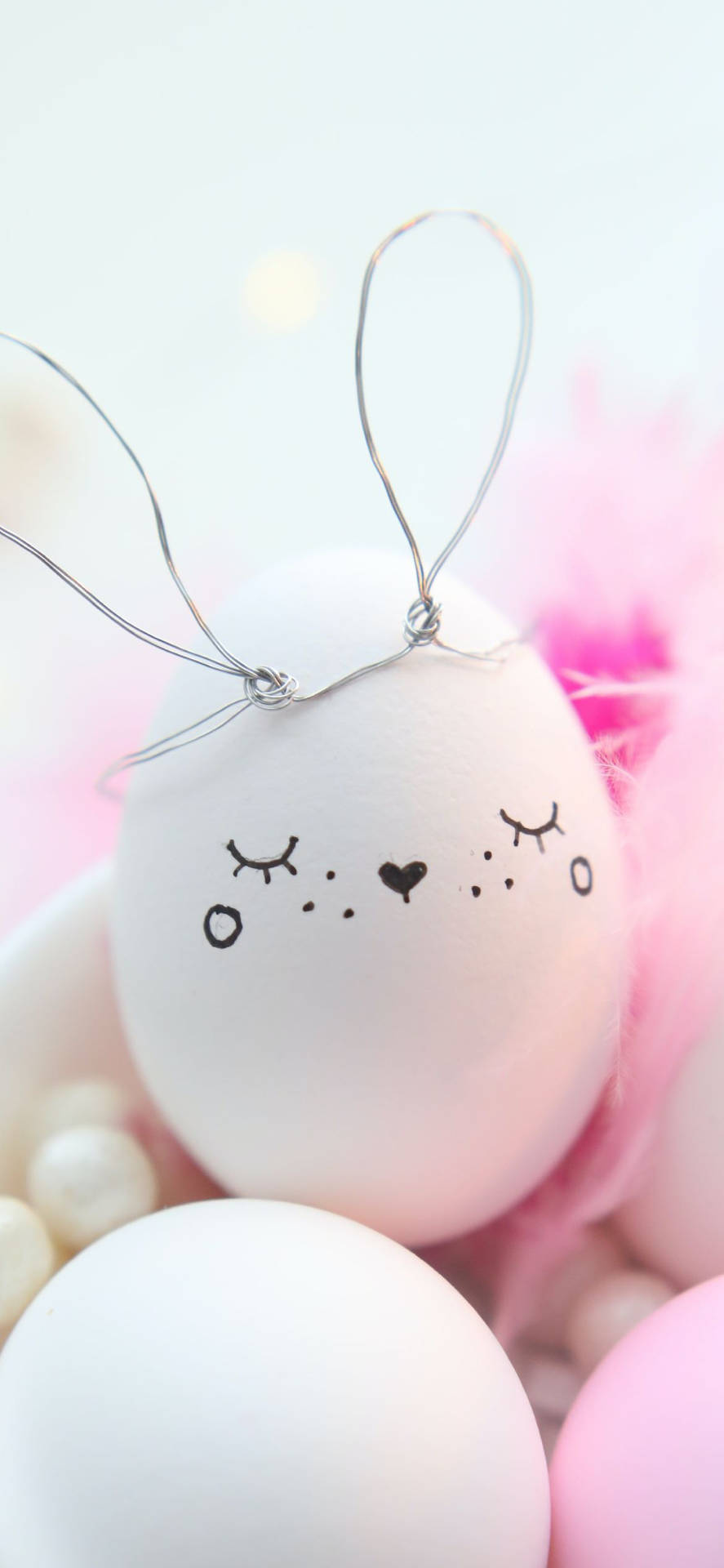 Easter Bunny Eggs With Pink And White Feathers Background