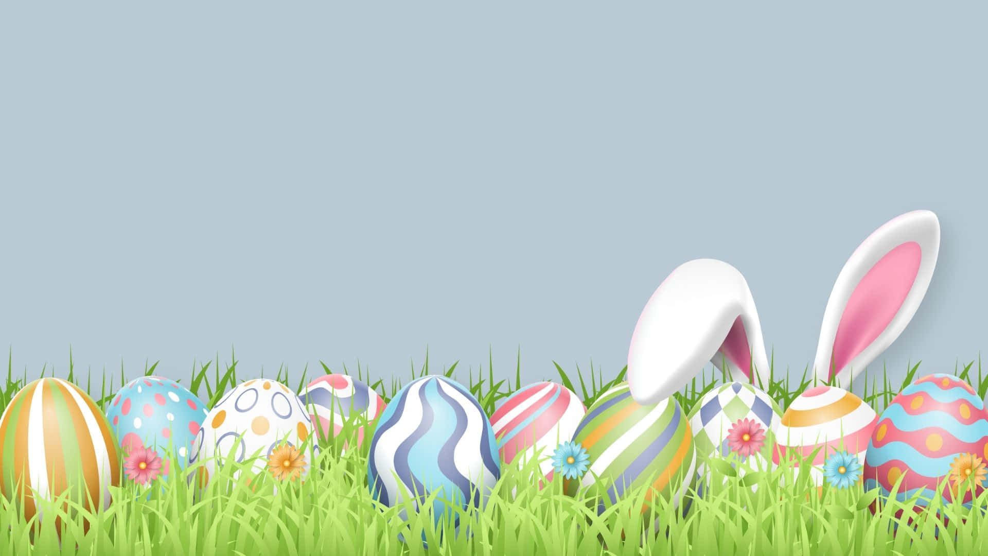 Easter Eggs In Grass With Bunny Ears Background