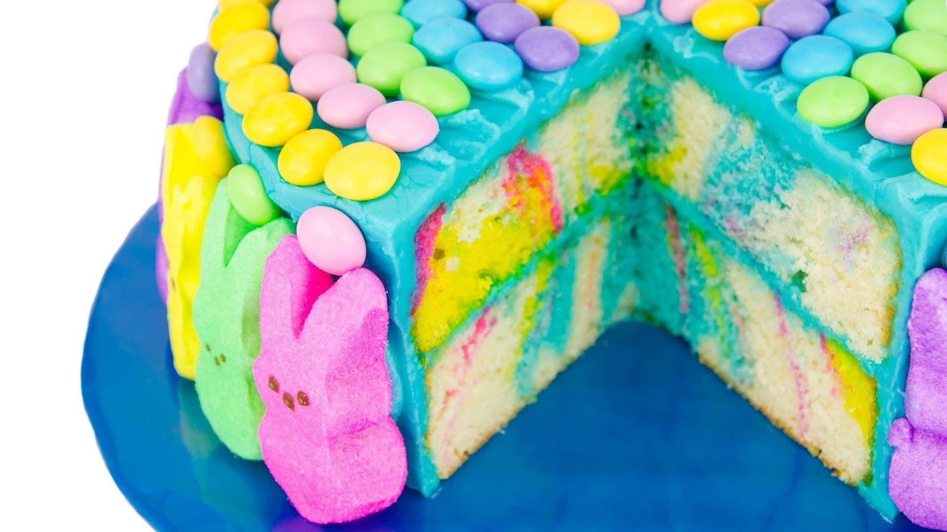Easter Peeps Cakewith Rainbow Layersand Candy Toppings Background