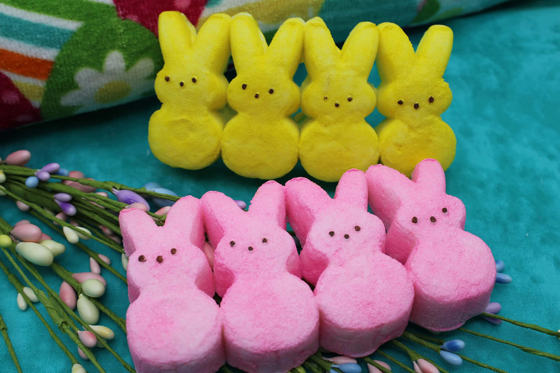 Easter Peeps Yellow Bunnies Pink Chicks Background