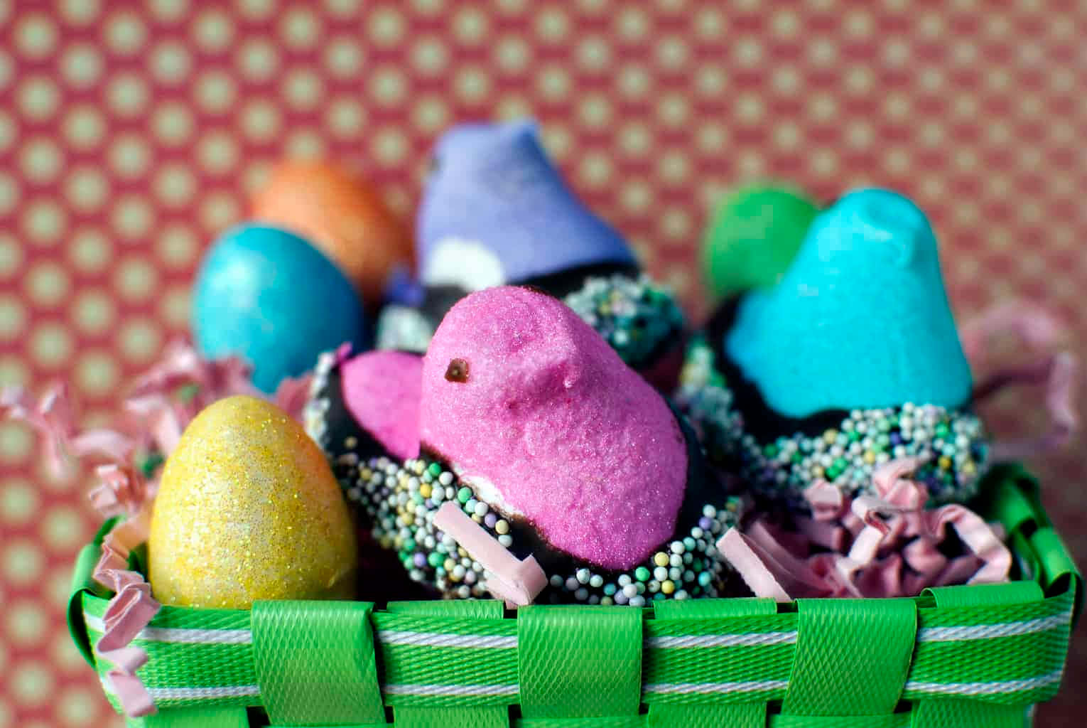 Easter Peepsand Decorated Eggs Background