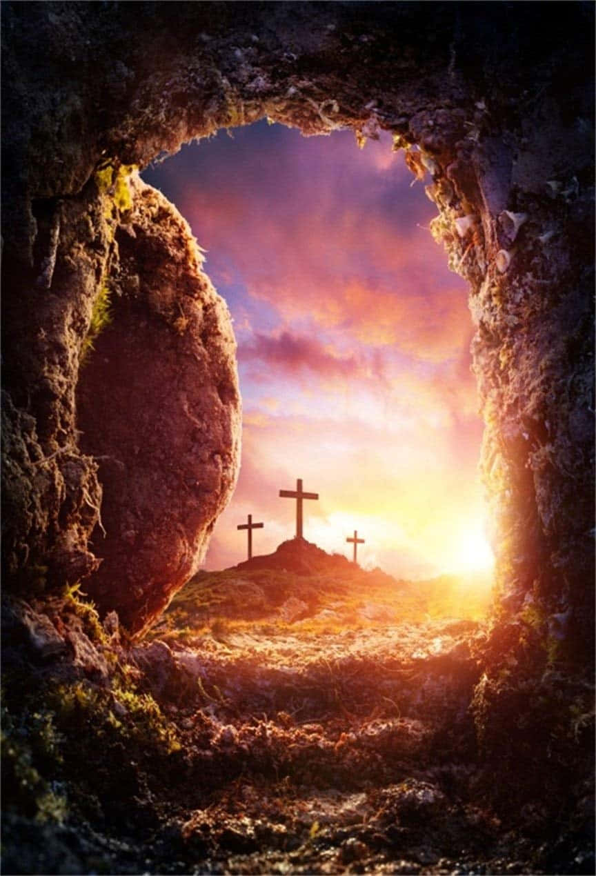 Easter Sunrise With Christian Cross In The Cave