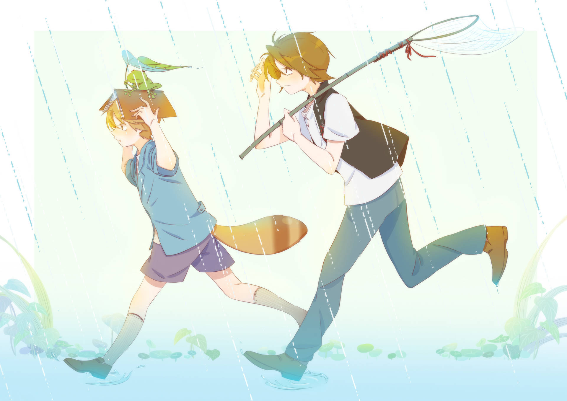 Eccentric Family Running In The Rain Background