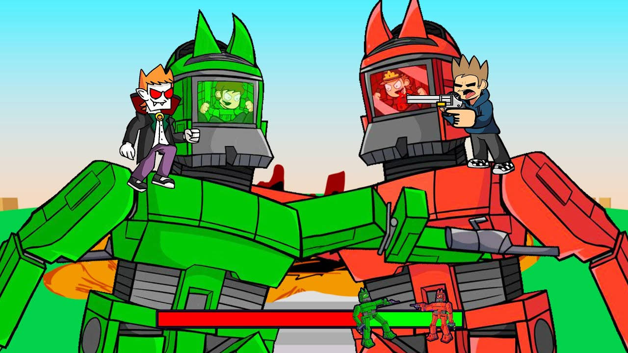 Eddsworld Characters On Green Giant Robots Background