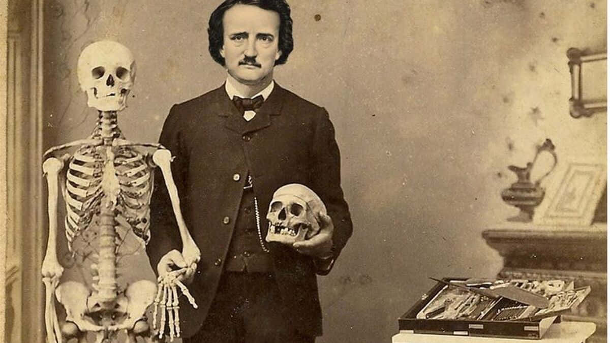 Edgar_ Allan_ Poe_with_ Skeleton_and_ Skull Background