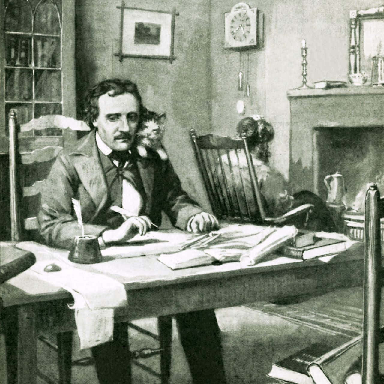 Edgar Allan Poe Writingwith Cat Background