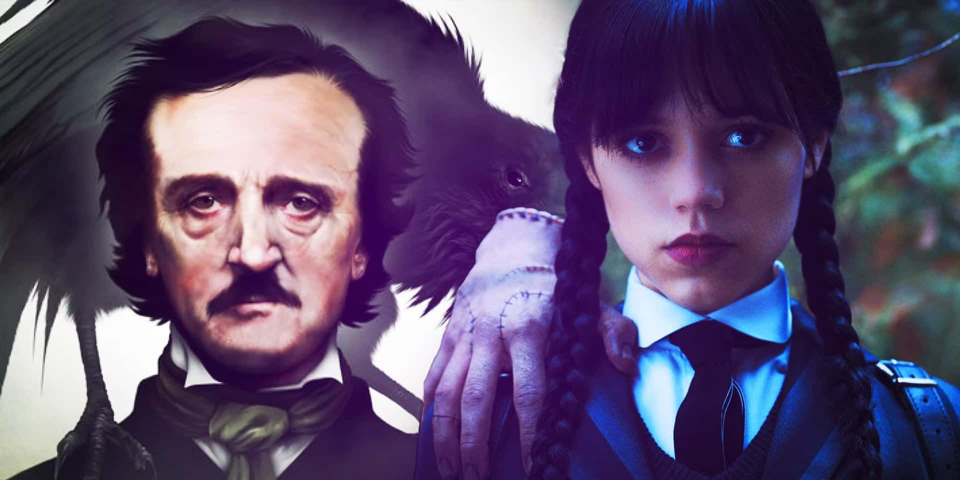 Edgar Allan Poeand Mysterious Girlwith Raven Background