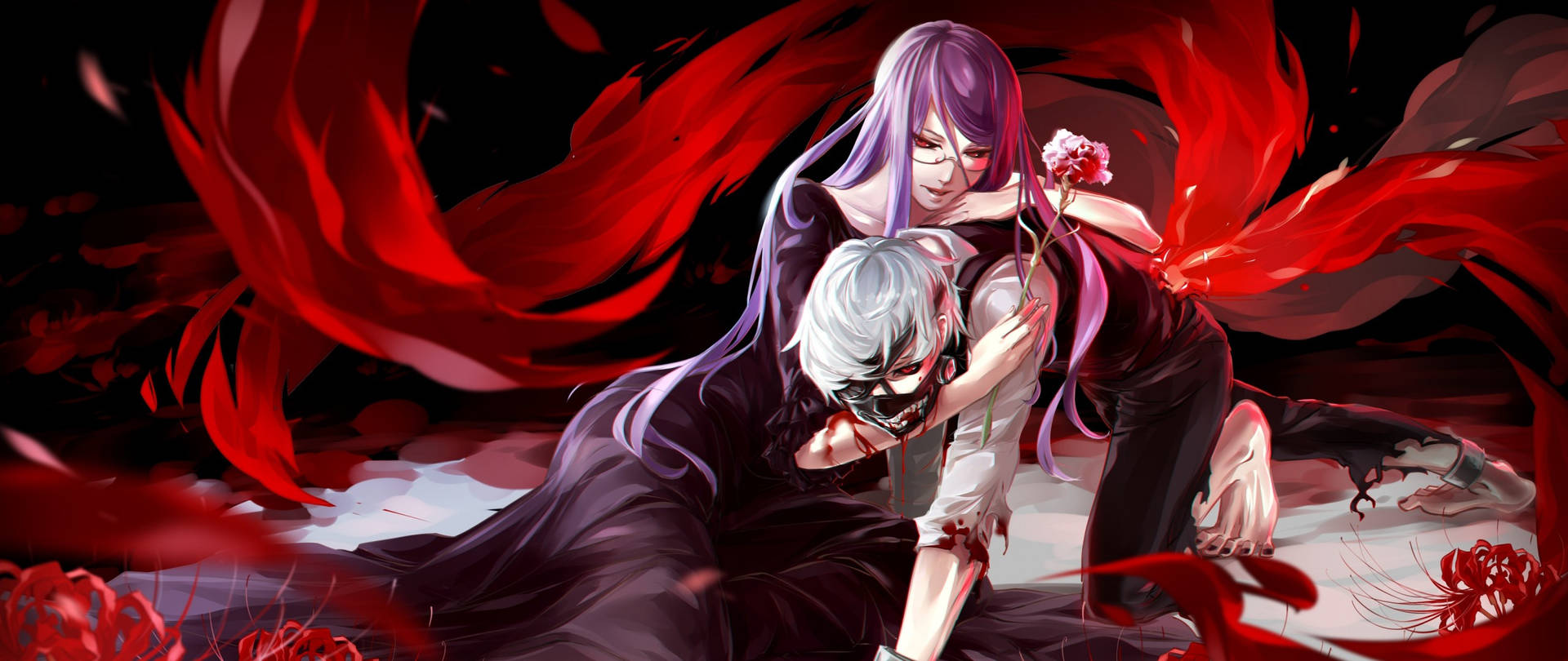 Edgy Anime Rize Kamishiro With Kaneki Background