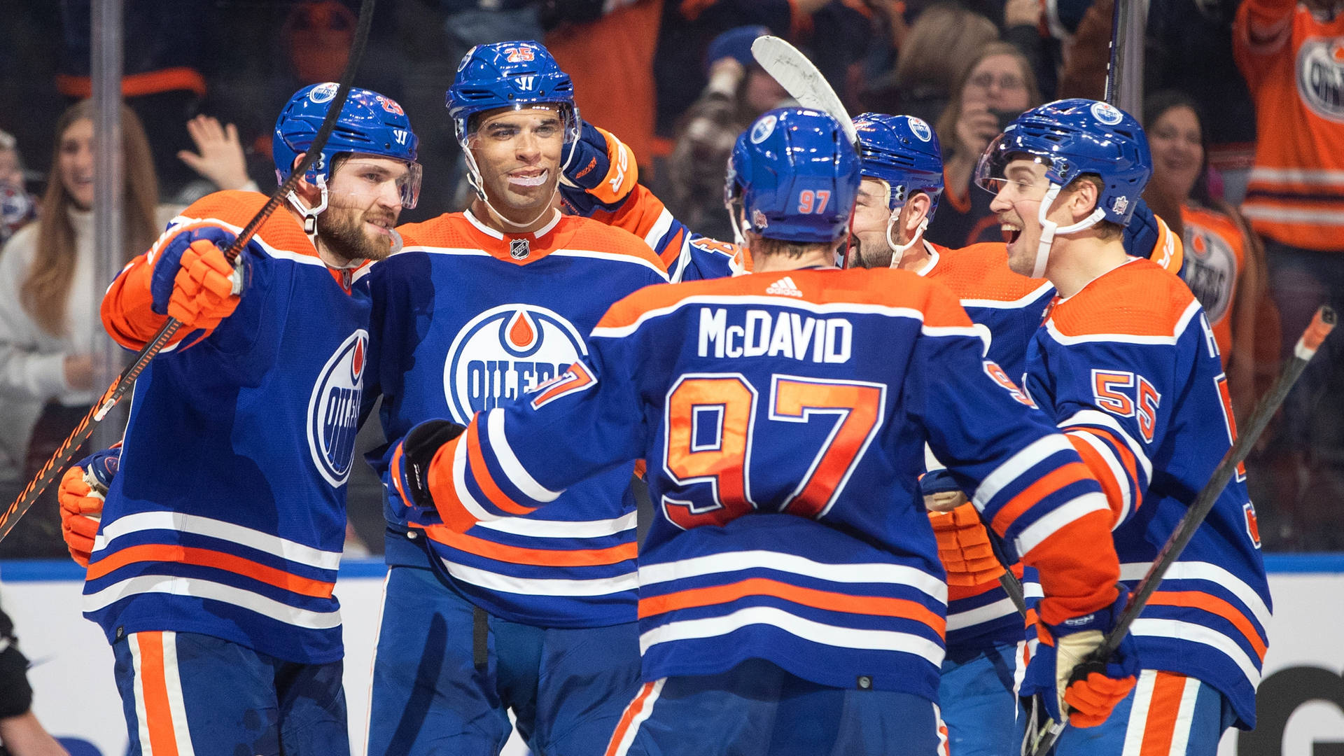 Edmonton Oilers Darnell Nurse Celebrating With Teammates Background