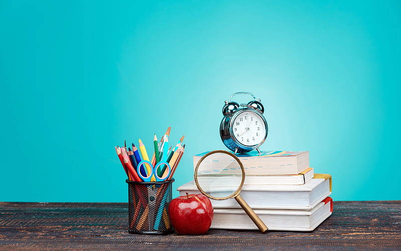 Education Book Stack Clock And Apple Background