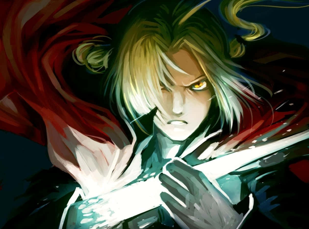 Edward Elric Displays His Automail Arm And Alchemy Skills In A Powerful Stance Background