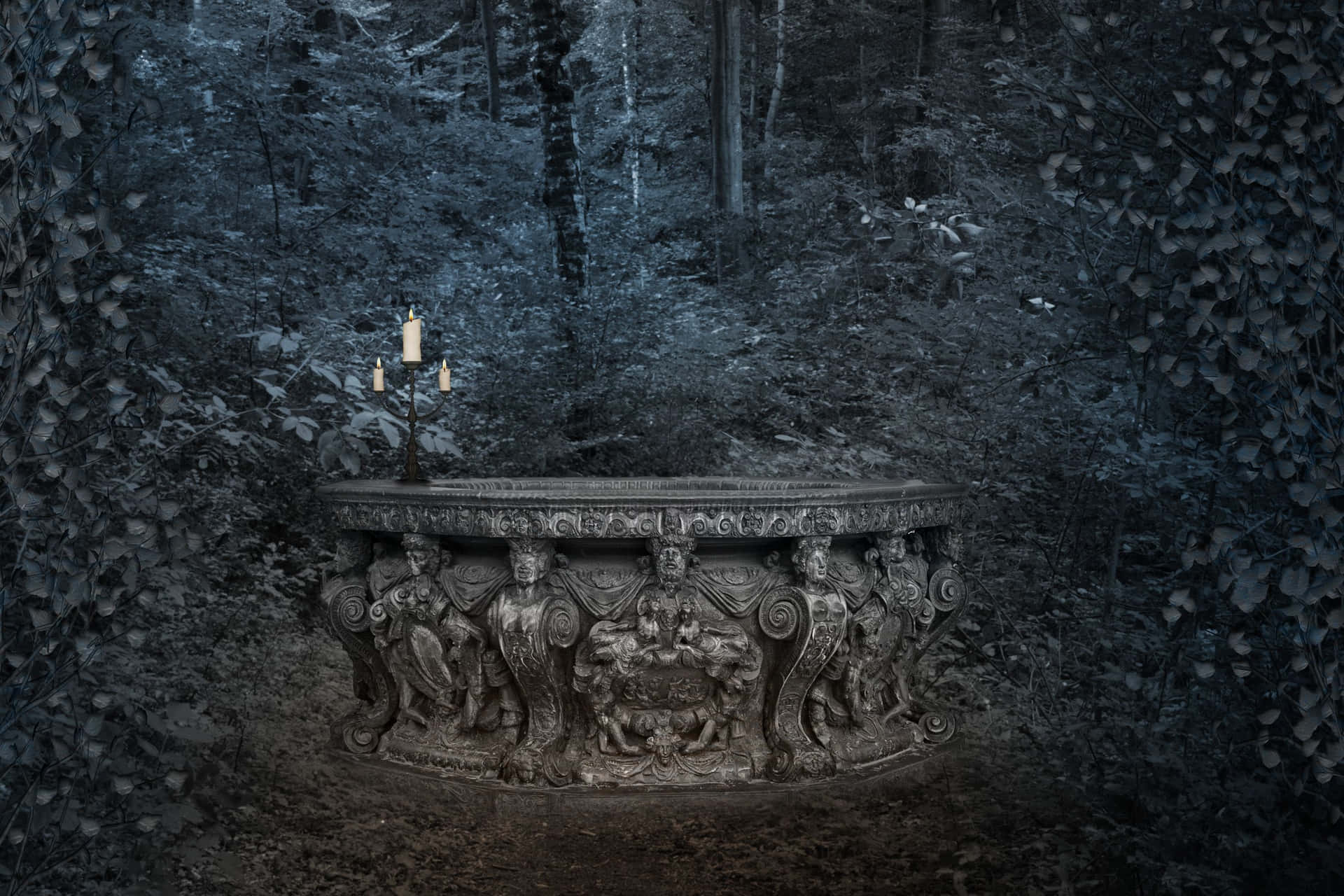 Eerie Castle In Shadowy Gothic Landscape Background