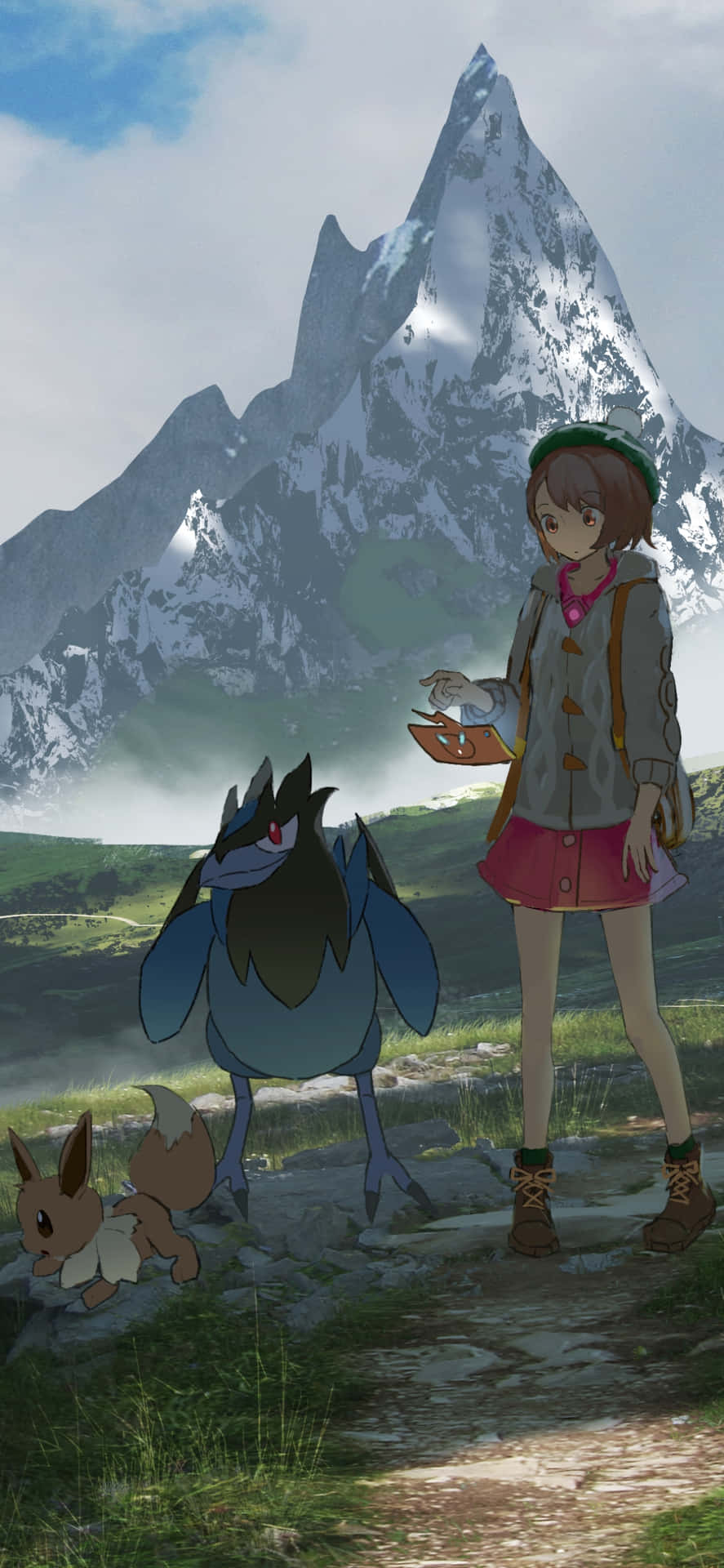 Eeveeand Traineron Mountain Path Background
