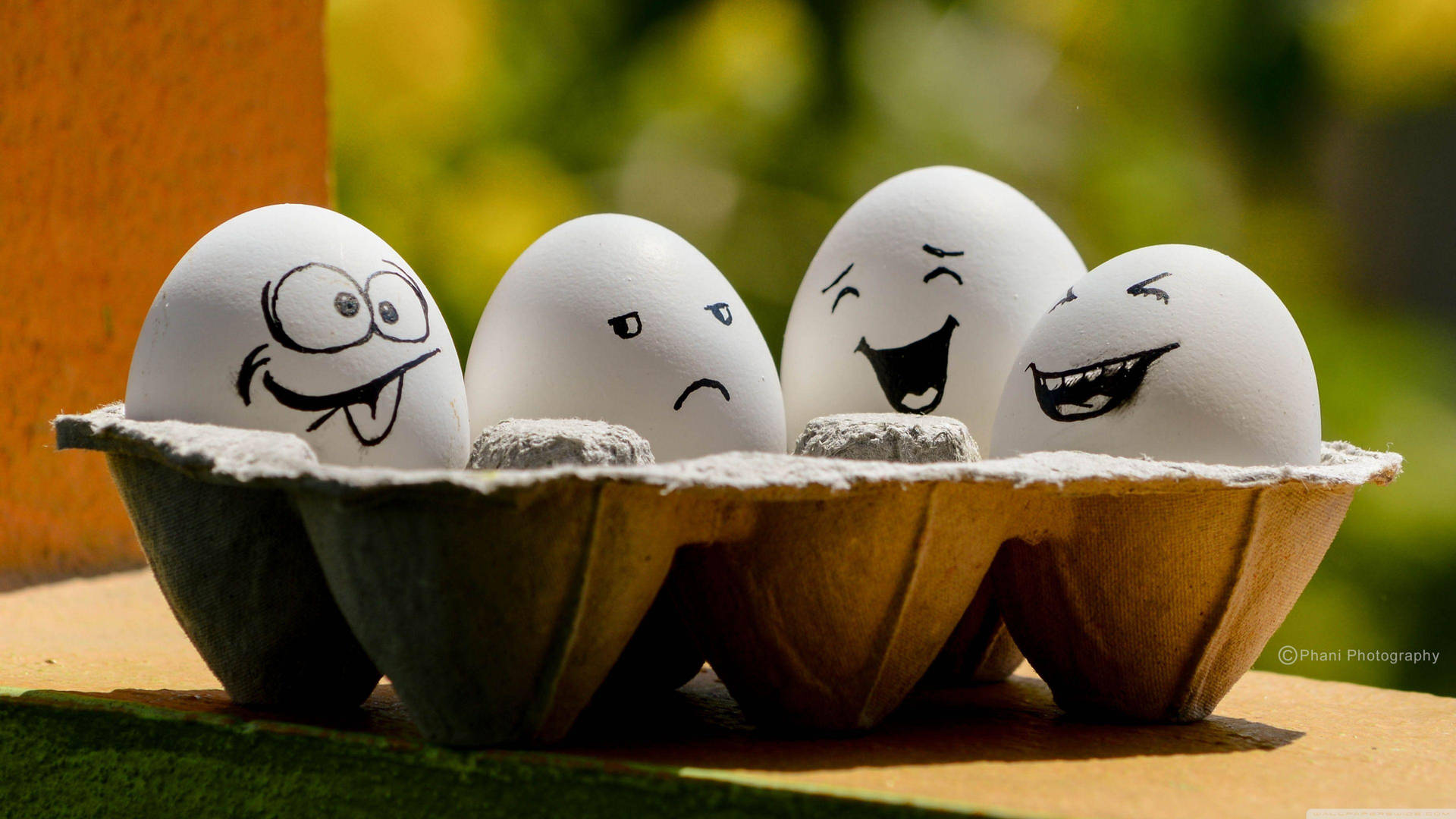 Eggs In A Tray With Cartoon Faces Background