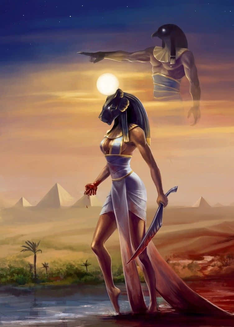 Egyptian Goddess With Sword And A Woman Holding A Sword Background