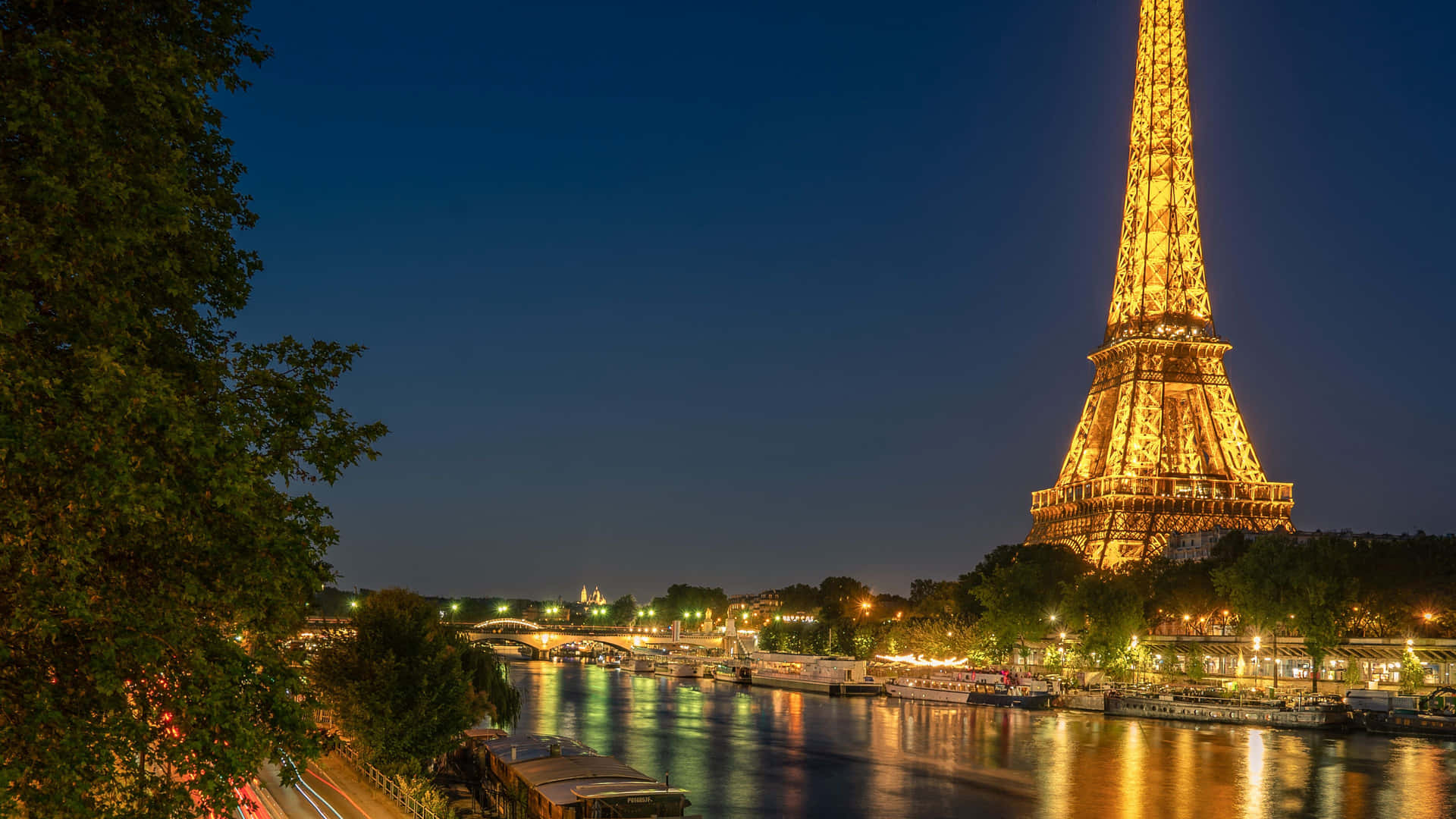 Eiffel Tower Night Illumination River Seine Background