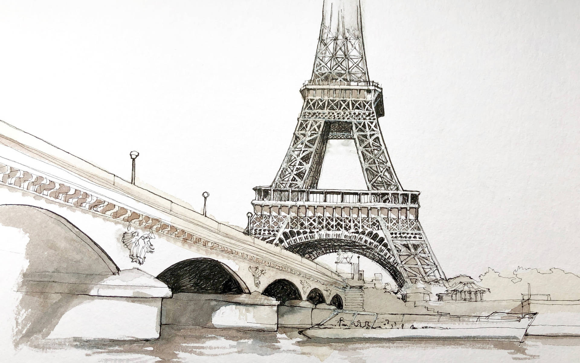 Eiffel Tower Seine River Pencil Drawing Background