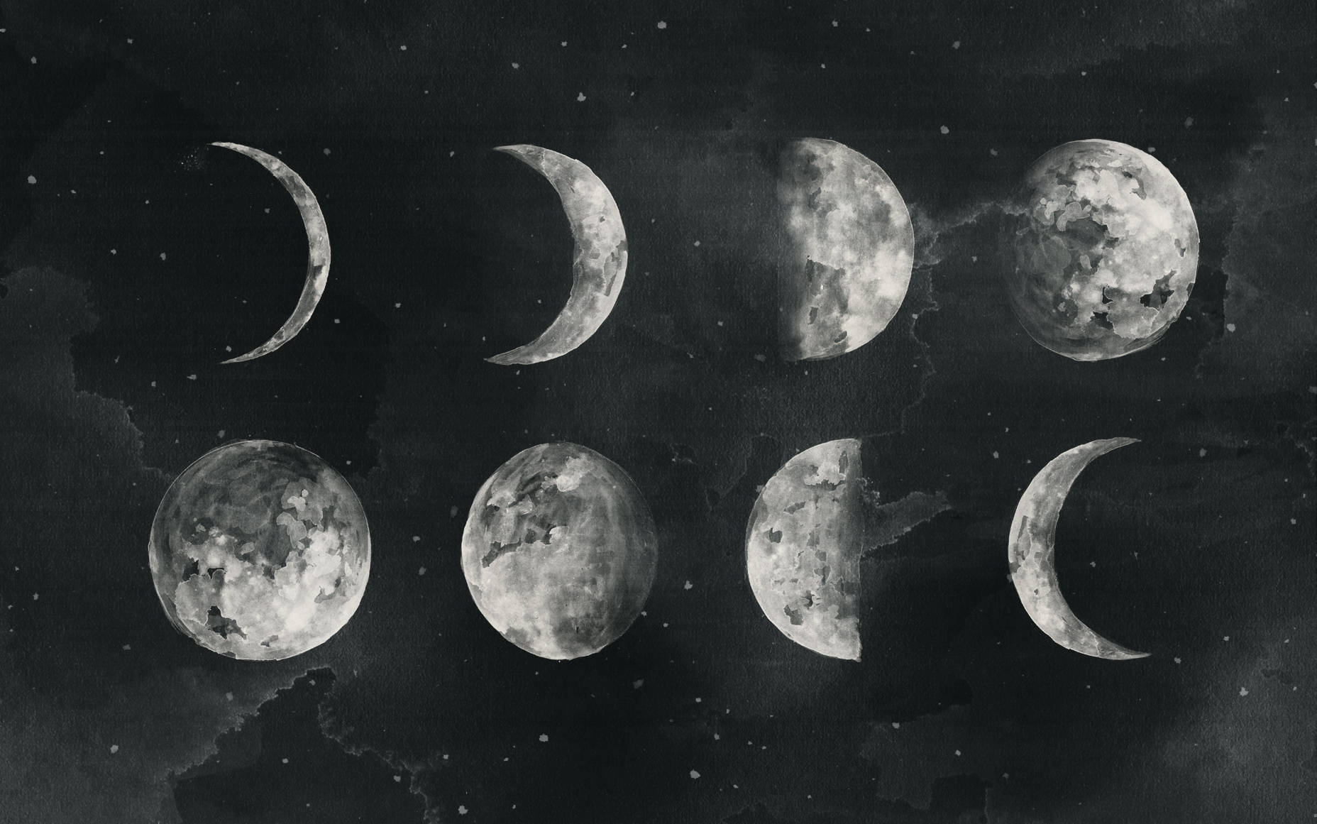 Eight Moon Phases In Smoky Galaxy Backdrop Background