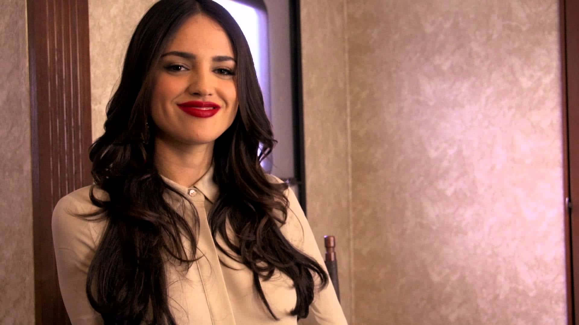 Eiza Gonzalez Smilingwith Red Lipstick Background