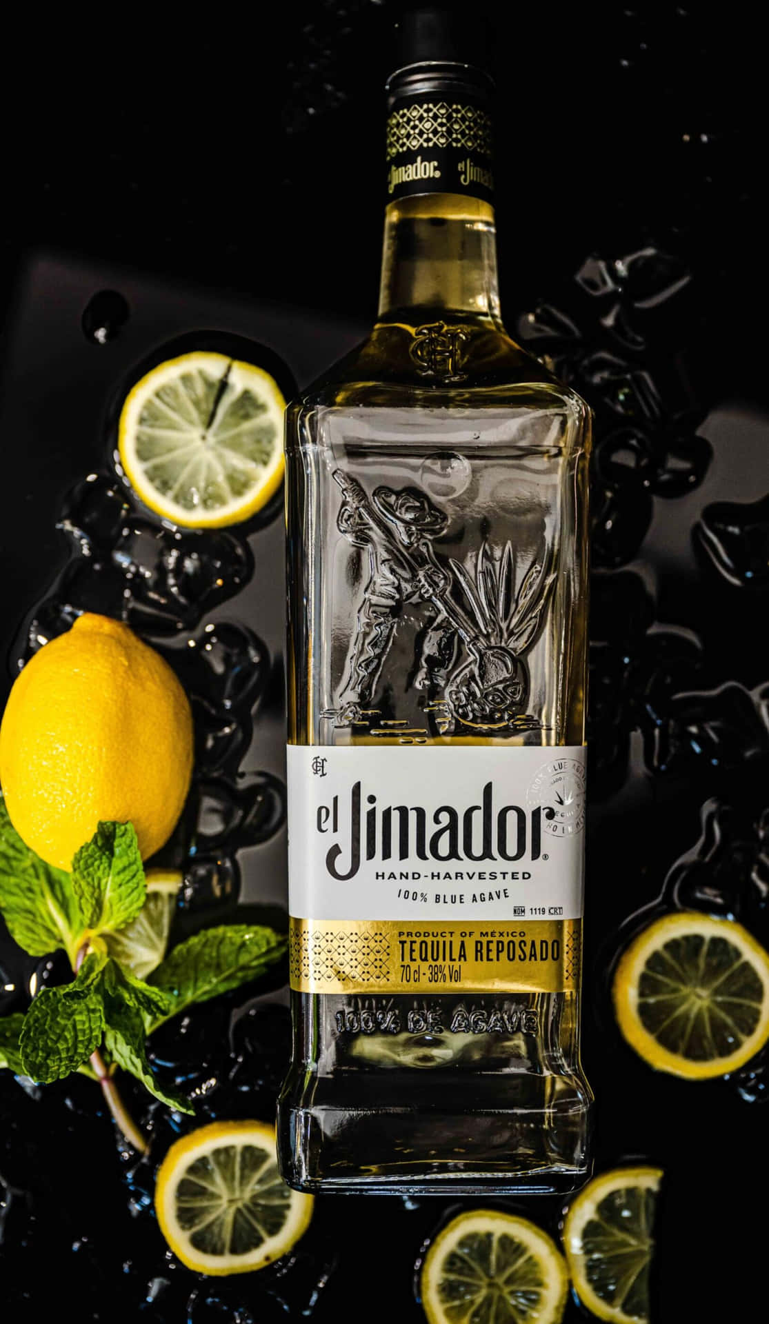 El Jimador Reposado Tequila Bottle With Lemons Flat Lay Shot Background