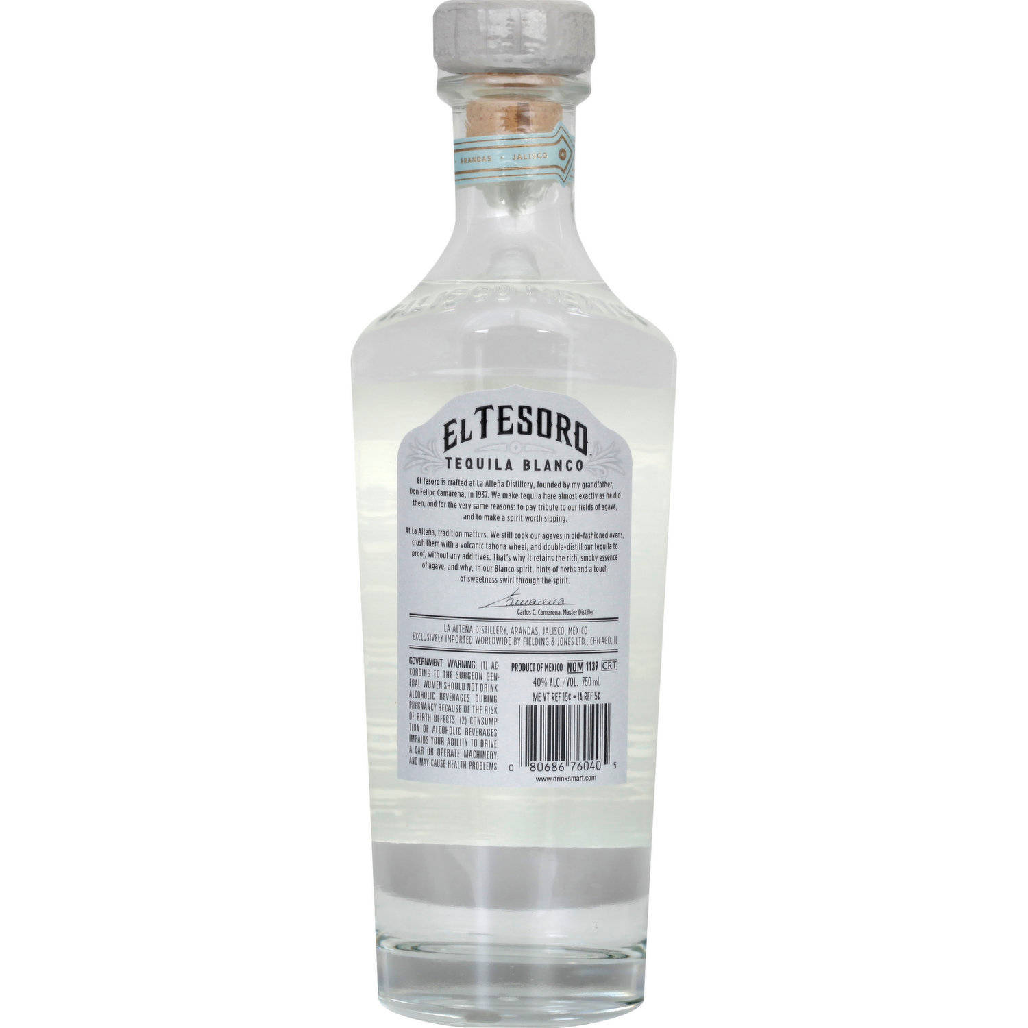 El Tesoro Blanco Tequila Back Label