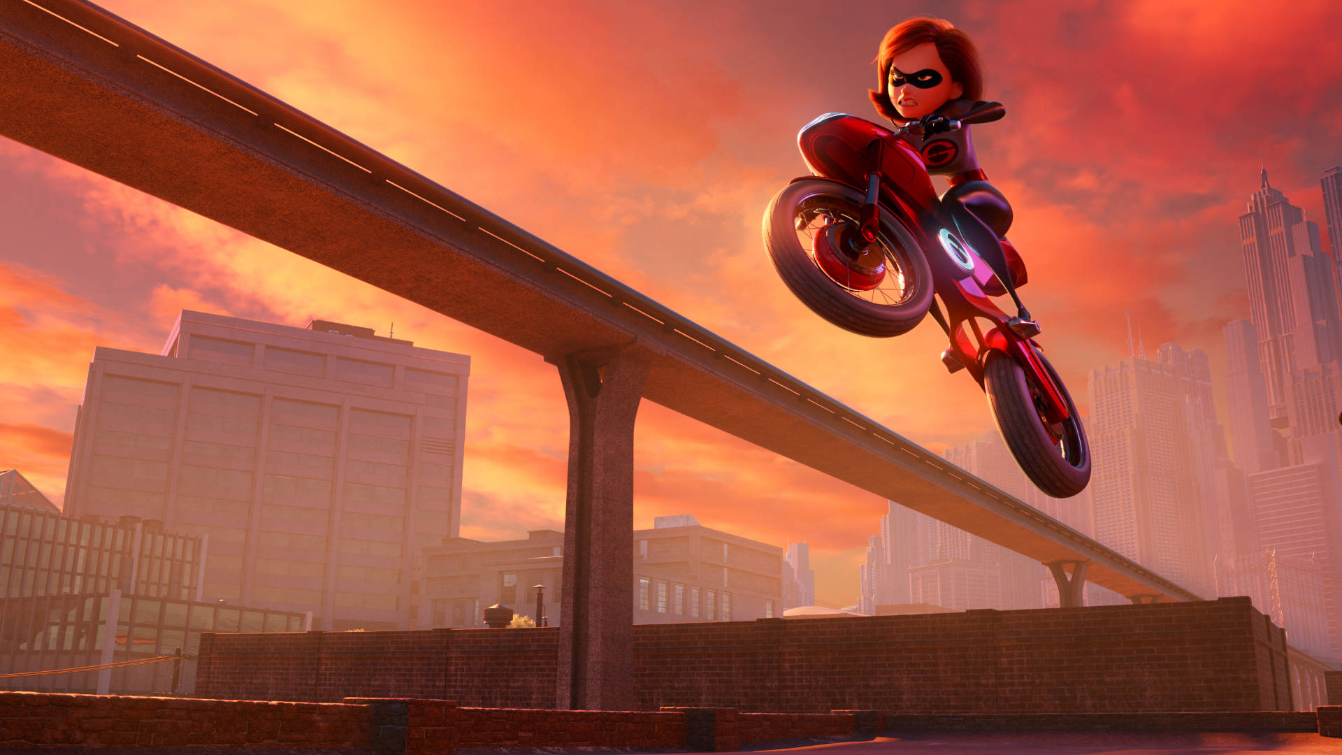 Elastigirl Displaying Her Superpower On A Motorcycle Background