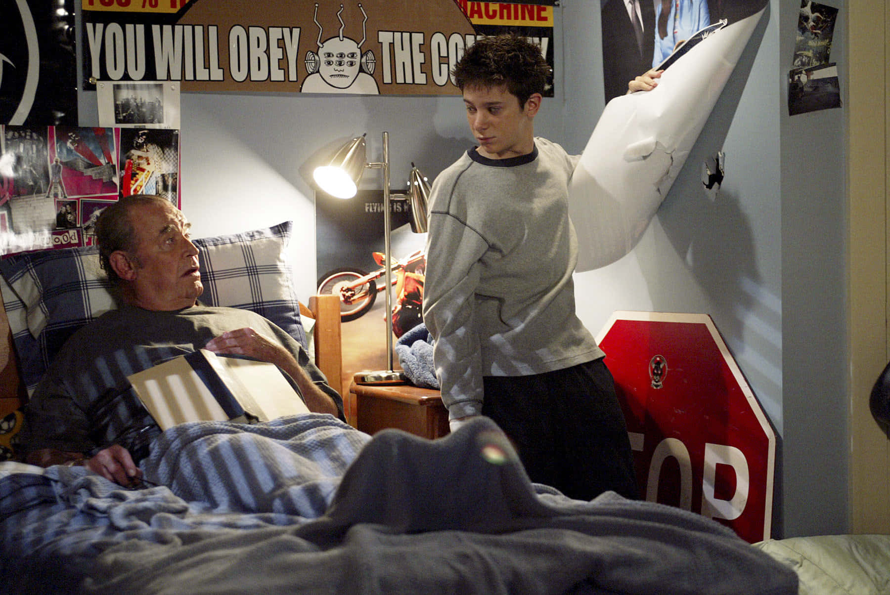 Elderly Man Young Boy Bedroom Scene Background