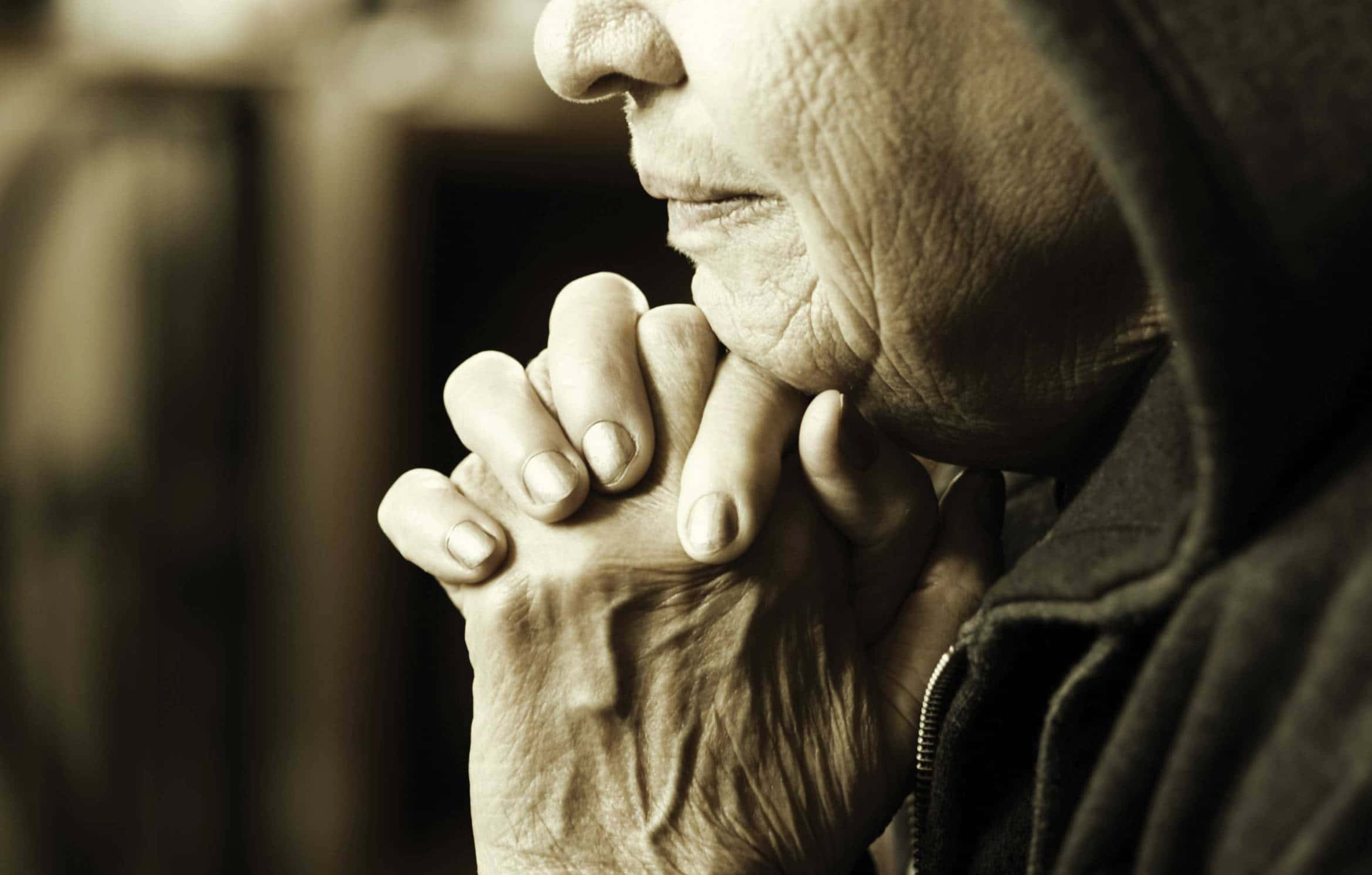 Elderly Woman Praying Closeup Shot Background