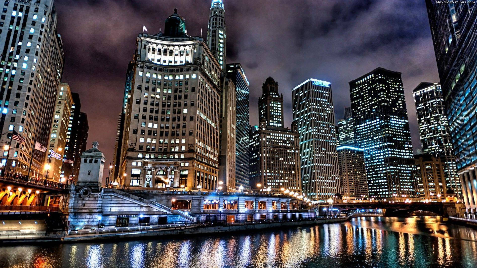 Electric Night At Chicago's Skyline Riverwalk Background