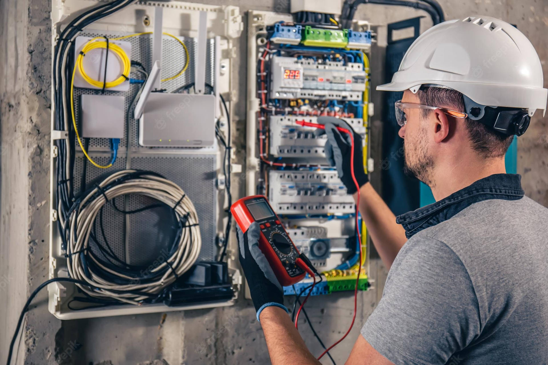 Electrical Technician Testing Fuse Box Voltage Background