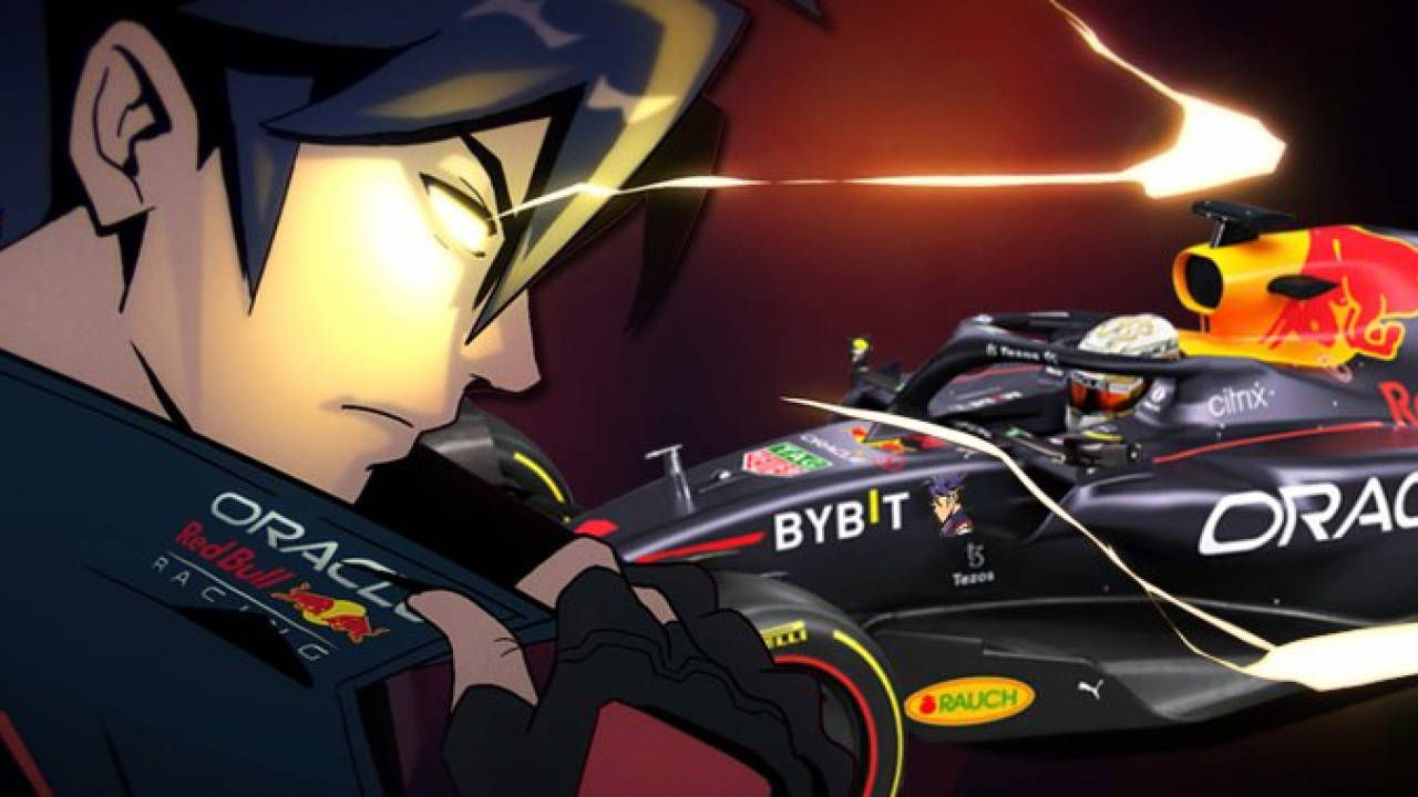 Electrifying Anime Style Red Bull Racing Fan Art Background