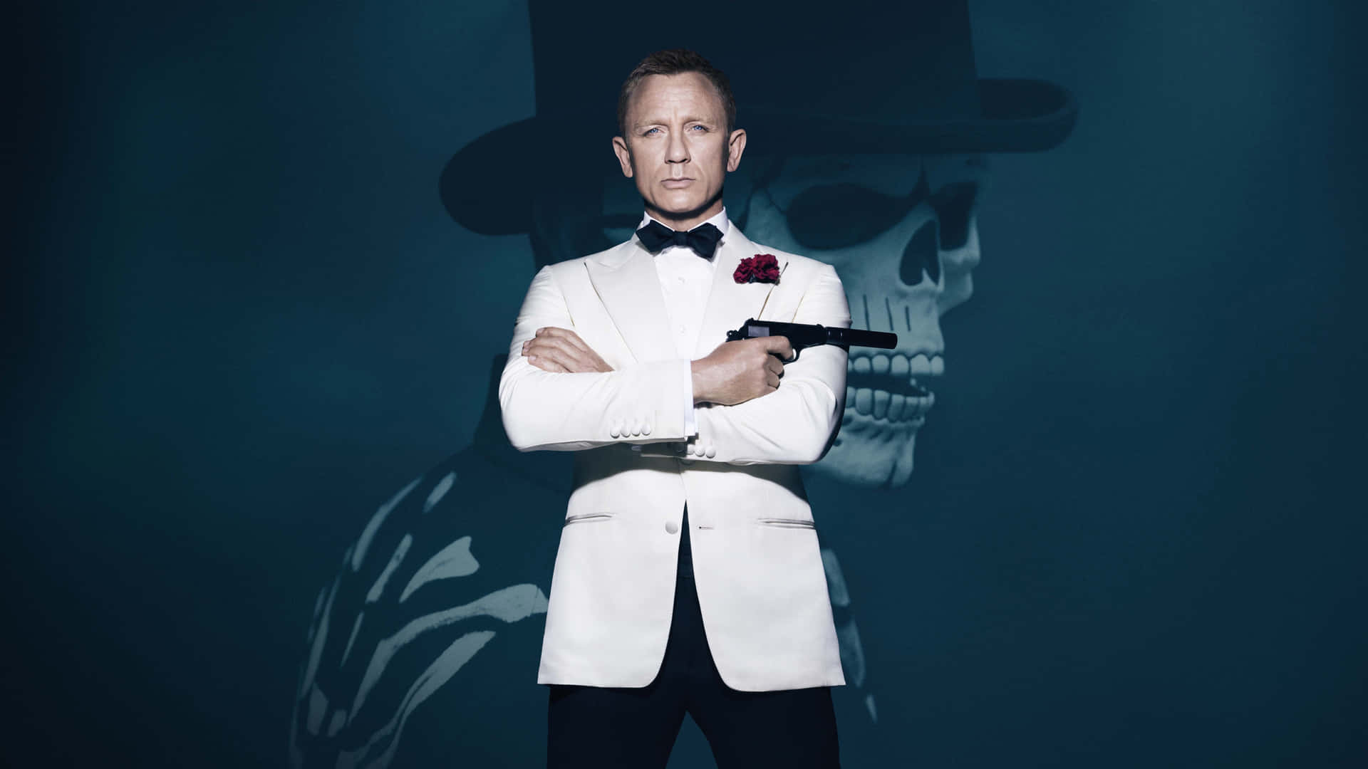 Elegant Agent White Tuxedo Skull Shadow Background