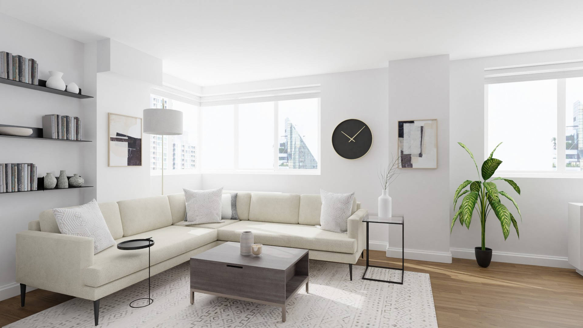 Elegant And Minimalist Living Room With Long White Corner Sofa Background