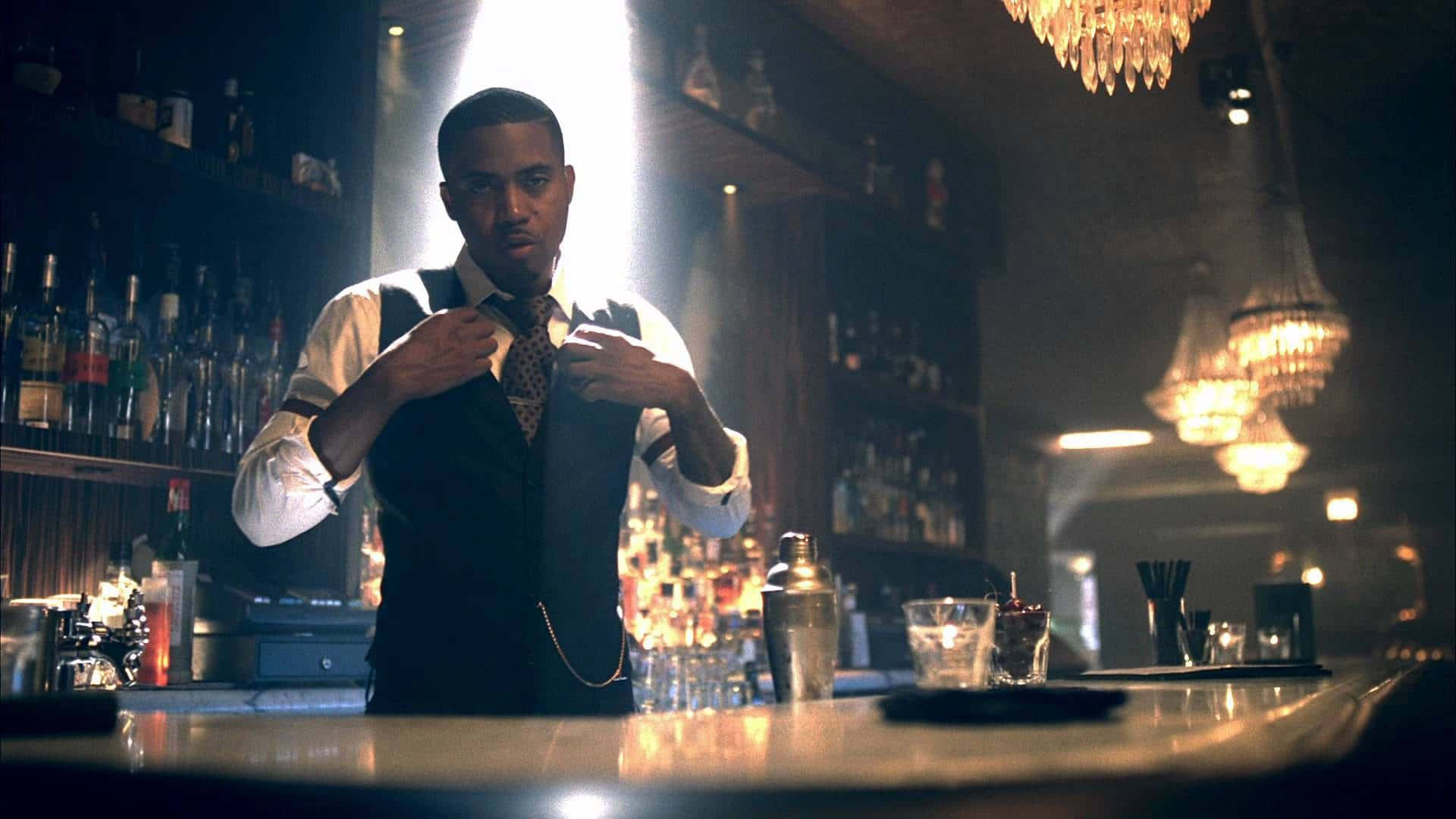 Elegant Bartender Adjusting Tie Background