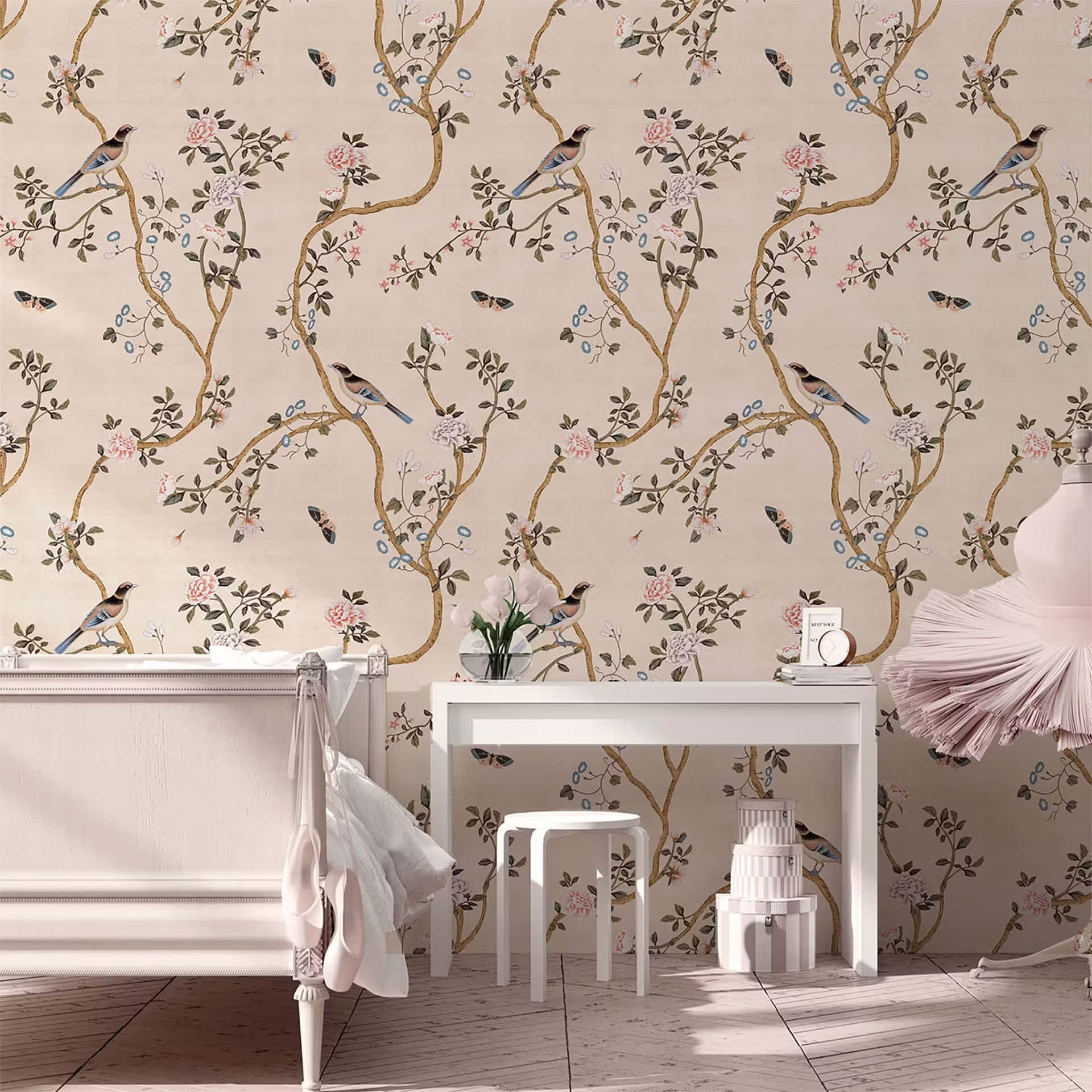 Elegant Birdand Floral Wallpaper Interior Background