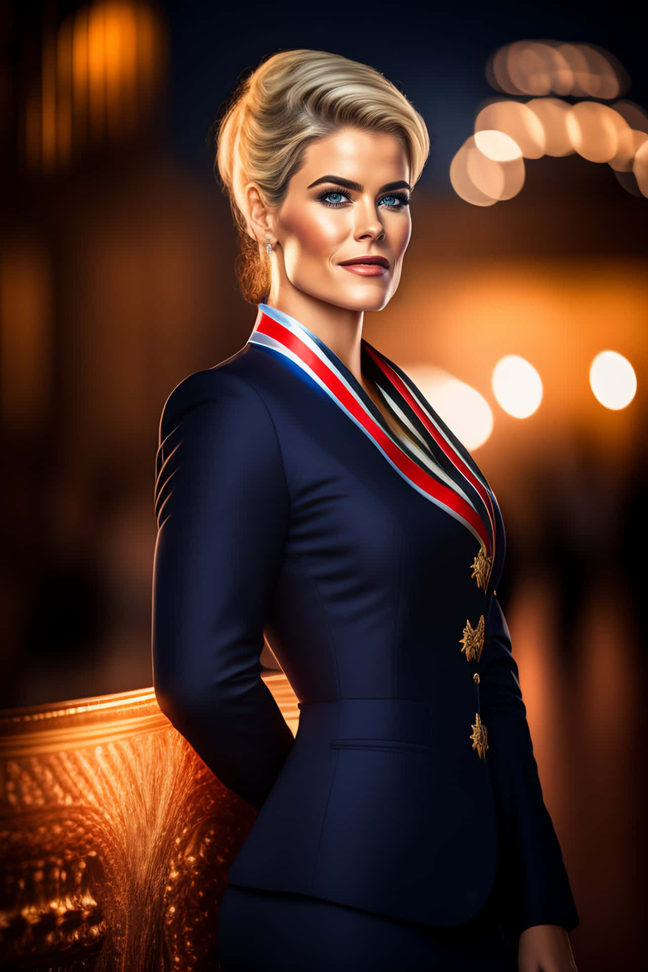 Elegant Blonde Womanin Navy Uniform Background