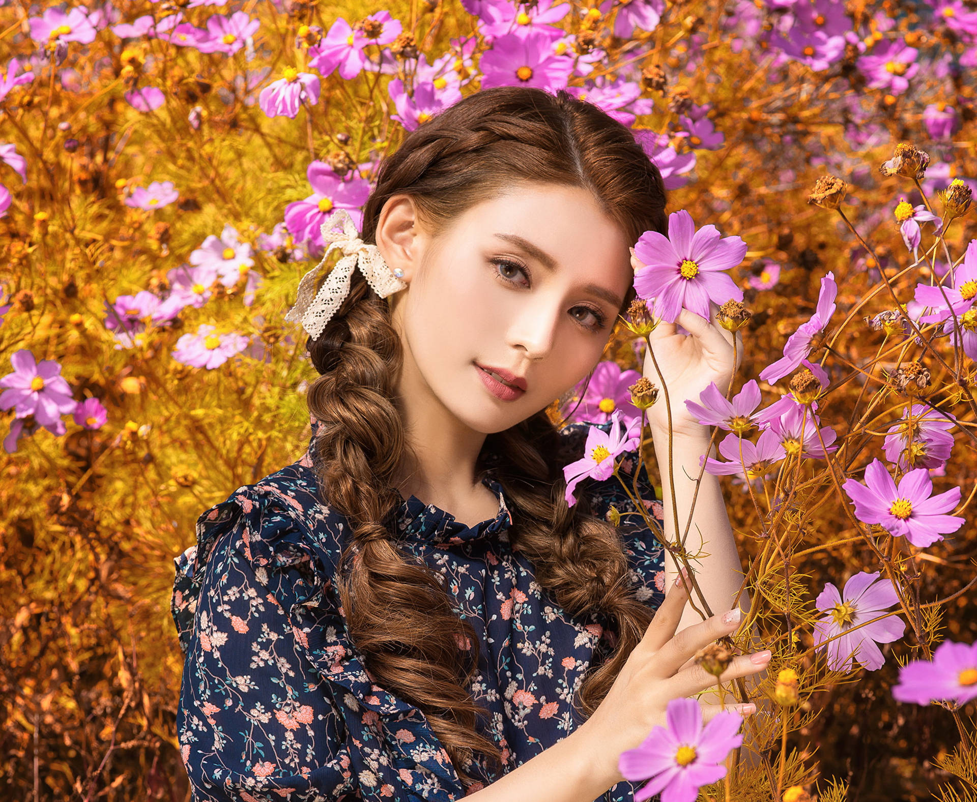 Elegant Bohemian Braid With Purple Floral Accessory Background