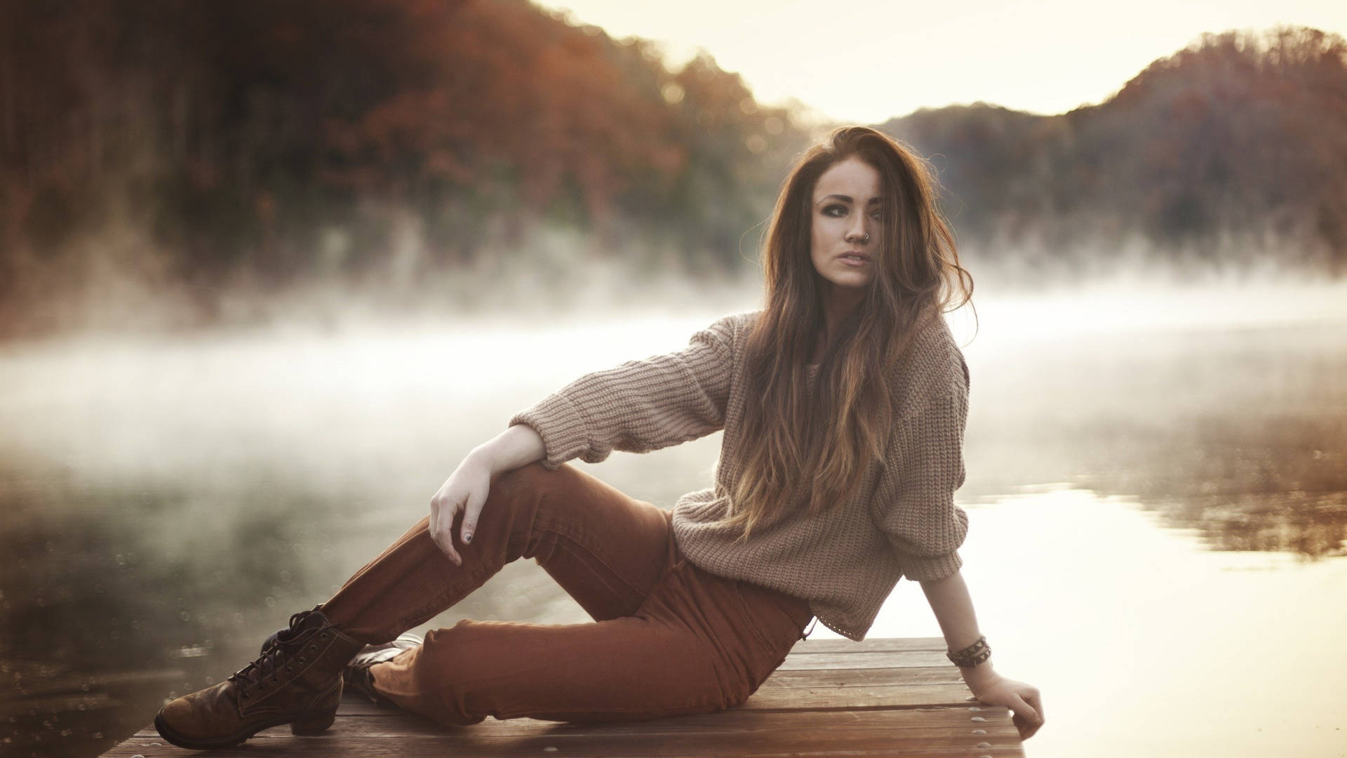 Elegant Brunette Woman In Casual Attire Background