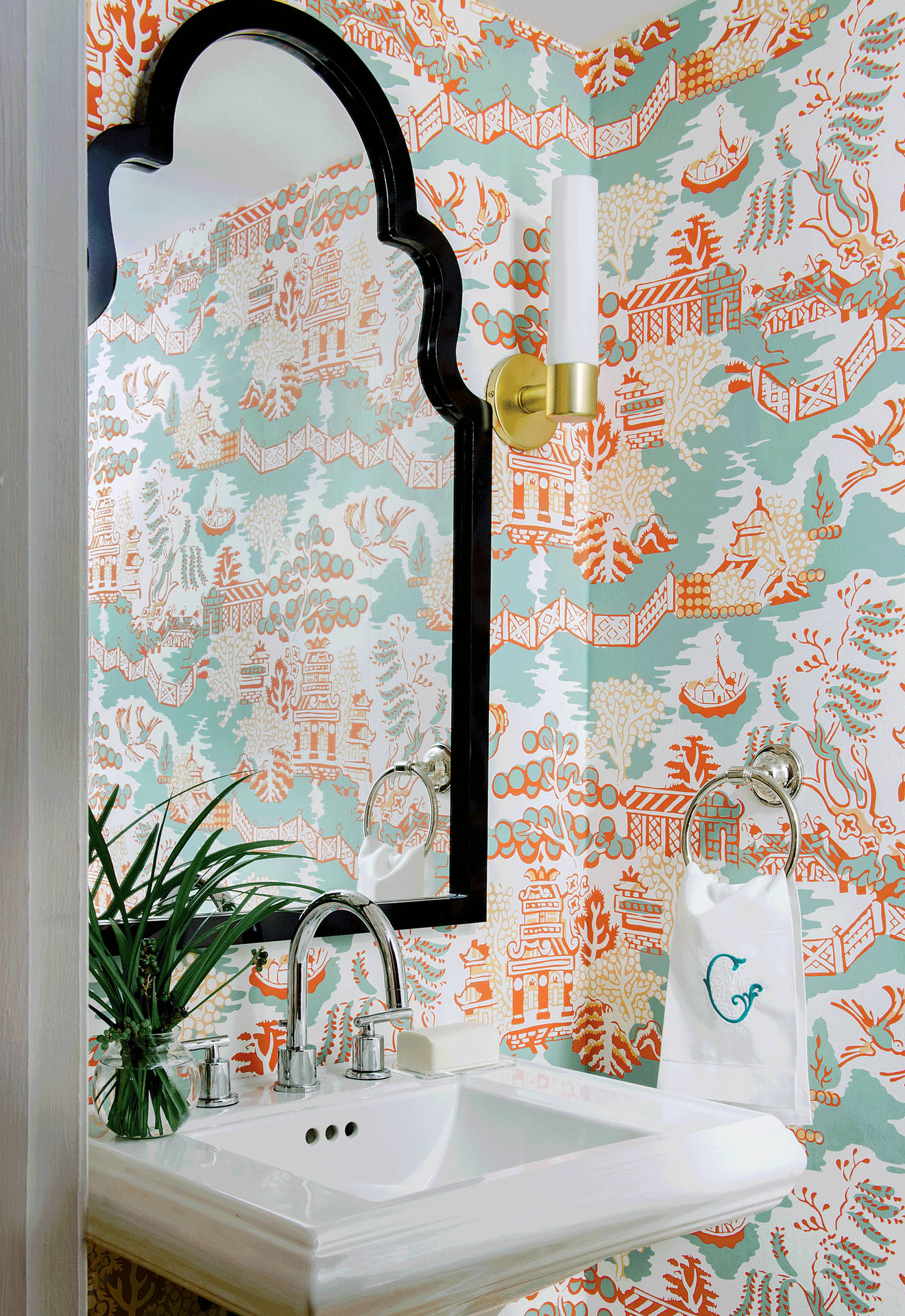 Elegant Chinoiserie Mirror In A Stylish Powder Room Background