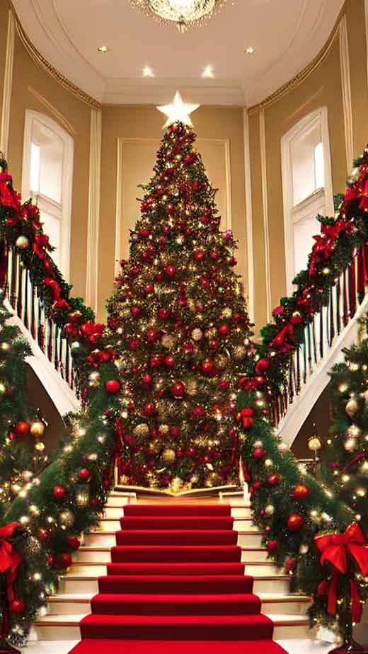 Elegant Christmas Tree Staircase Background