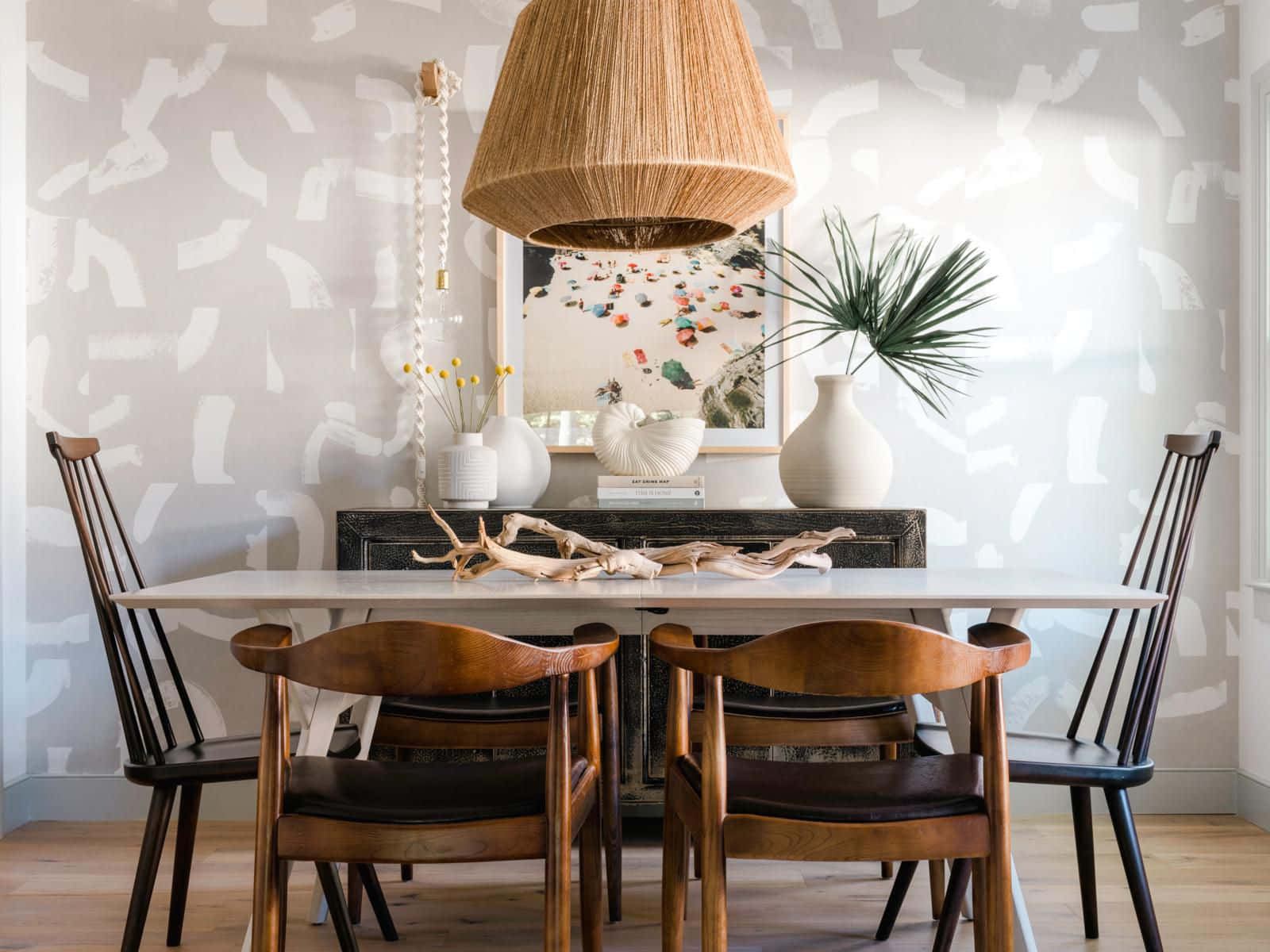 Elegant Dining Roomwith Woven Pendant Light Background