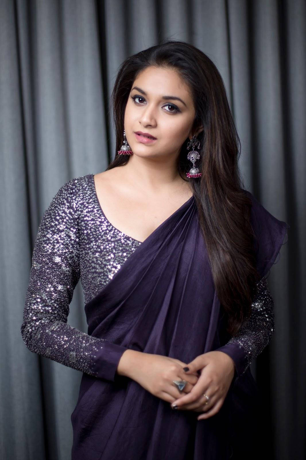 Elegant Keerthi Suresh In Purple Sari Hd Wallpaper Background