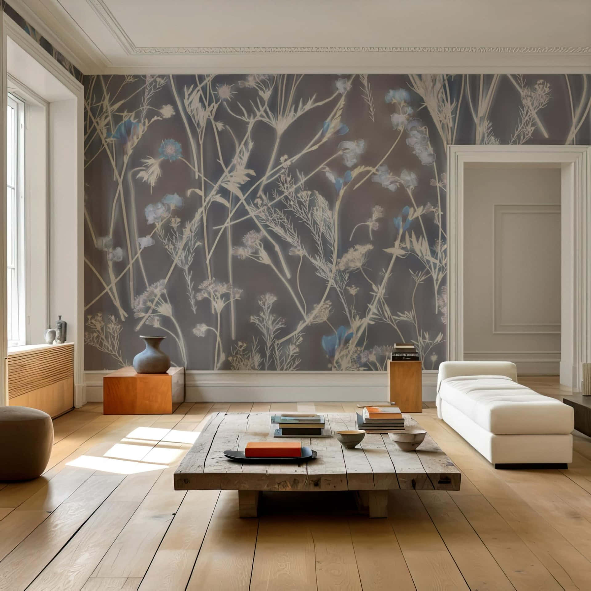 Elegant Living Roomwith Botanical Wallpaper Background
