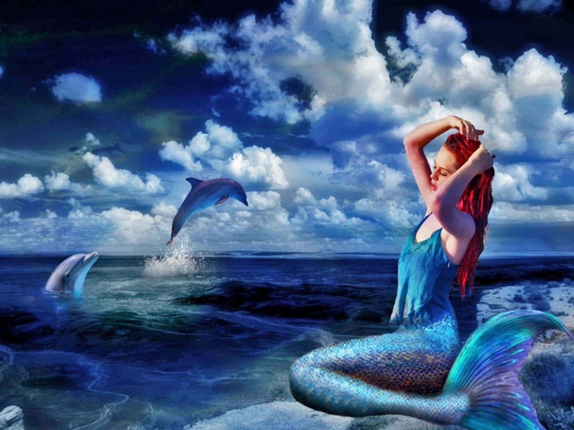 Elegant Mermaid With Dolphins Background