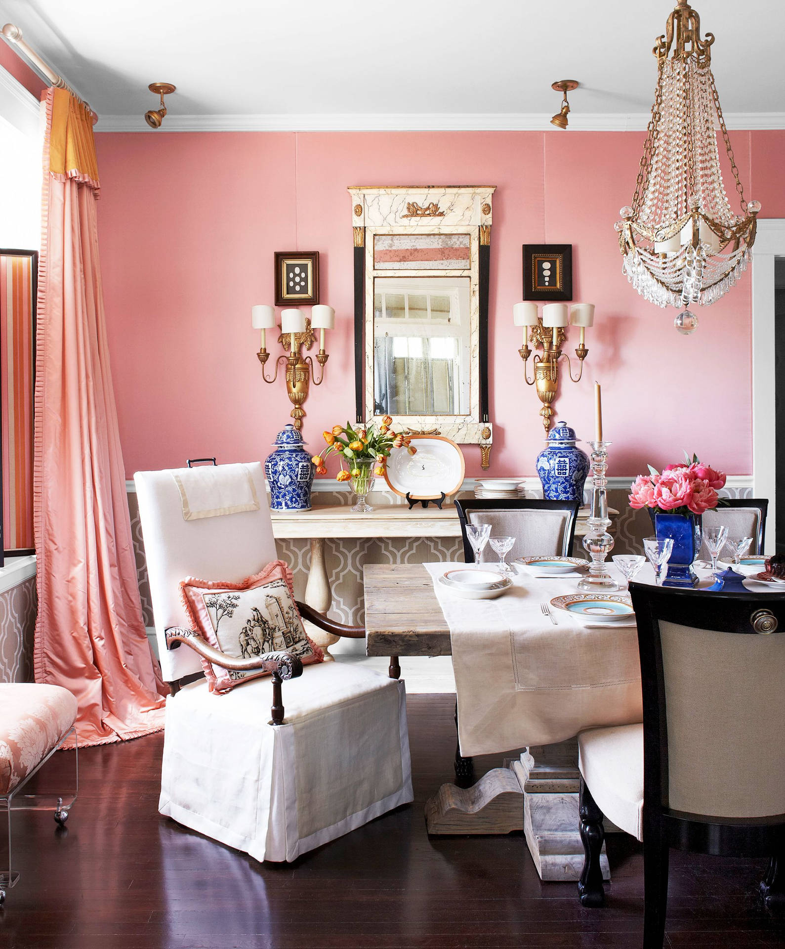 Elegant Pink Dining Room In A Cozy Home Background