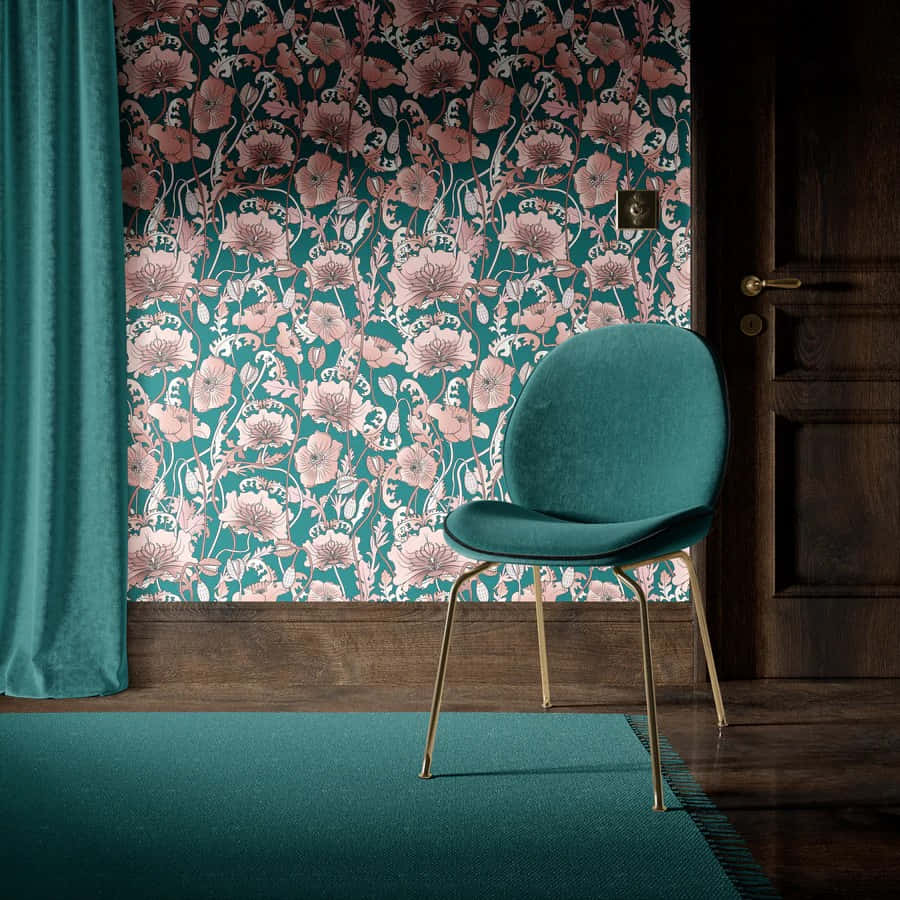 Elegant Teal Chair Floral Wallpaper Background